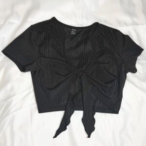 Black Ribbed Tie Front Crop Top Short Sleeve Size M